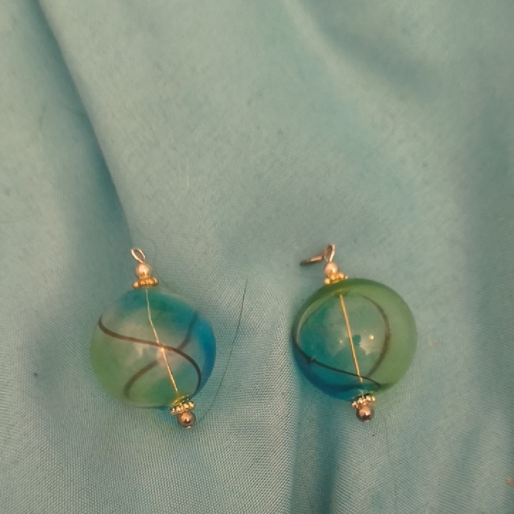 Blue-Green Glass Sphere Drop Earrings with Gold Accents